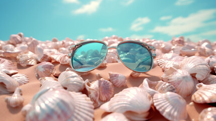 summer desert picturing close up view of sunglasses and seashell sunny day sky with clouds
