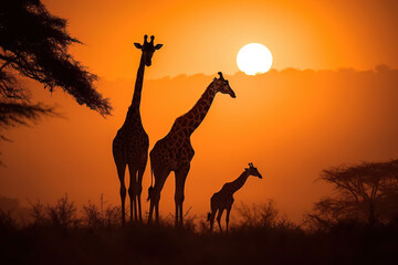 Giraffe family and trees in the african savanna at sunset. Amazing African Wildlife. Generative Ai