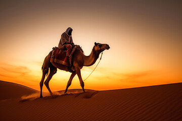 Tuareg riding a camel in desert at sunset. Generative Ai.