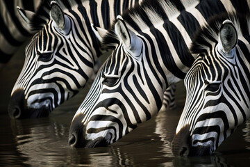 Fototapeta na wymiar Group of zebras drinking water from the river. Kenya. Tanzania. National Park. Serengeti. Maasai Mara. Amazing African Wildlife. Generative Ai