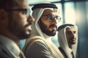 Close up portrait of a successful Muslim businessman in traditional white Kandura clothes, wearing eyeglasses in modern office with his business partners around him. Arab businessman concept.