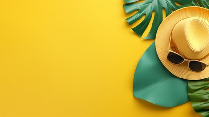 summer banner with yellow hat ,sunglasses, seashell and monstera leaf on blue background top view
