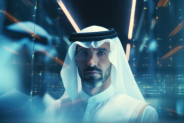 Portrait of a successful mature Muslim businessman in traditional white Kandura clothes, wearing eyeglasses on futuristic office background.