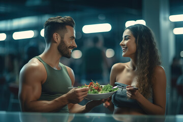 Sporty couple on fitness diet eating a healthy green salad with vegetables after exercising at gym.