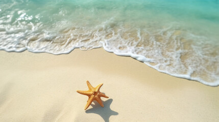 Fototapeta na wymiar Starfish in beach sunny day sky with clouds amazing blue ocean sea island