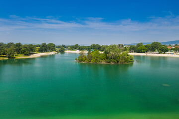 Fototapeta na wymiar Aerial view of Jarun lake in Zagreb, Croatia, tourist destination