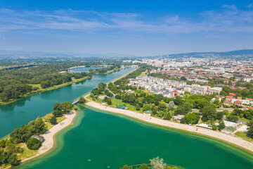 Fototapeta premium Aerial view of Jarun lake in Zagreb, Croatia, tourist destination