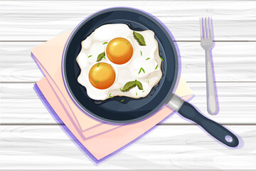 Fried egg on frying pan top view in cartoon style on wooden table background. Breakfast meal