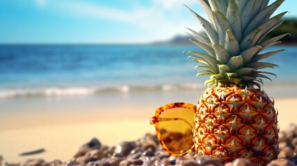 Halved pineapple and a sunglass kept on the sand with copy space text Summer creative concept