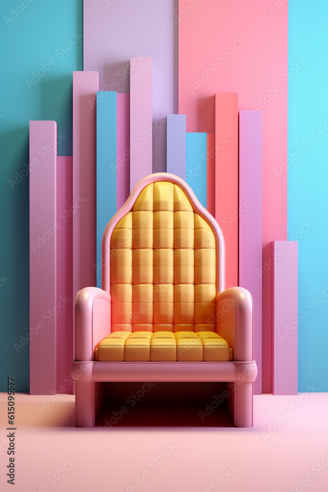 Poster A pastel-colored geometric-style throne with clean lines and soft geometric patterns, creating a harmonious and regal ambiance.  Generative AI technology.