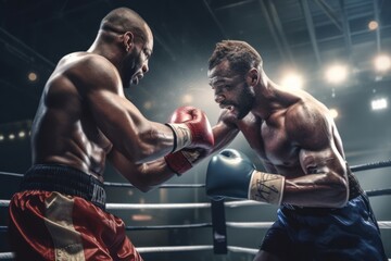 Fototapeta na wymiar Action shot, boxers in a boxing ring punching each other with spit in the air. Generative AI