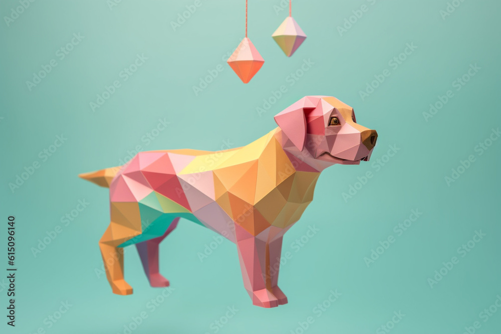 Poster A pastel-colored geometric-themed dog mobile with hanging geometric shapes and soft pastel tones, creating a playful and artistic display.  Generative AI technology.
