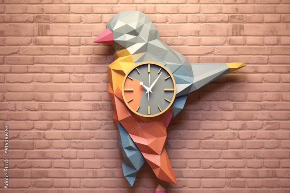 Poster A pastel-colored geometric-inspired bird wall clock with angular shapes and pastel hues, bringing a touch of whimsy and functionality to your space. Generative AI technology.