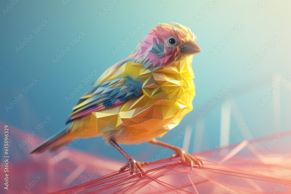 Poster a pastel-colored geometric-themed canary illustration with angular shapes and delicate pastel shades