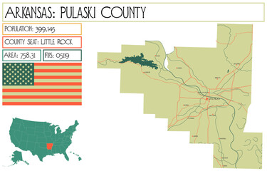 Large and detailed map of Pulaski County in Arkansas, USA.