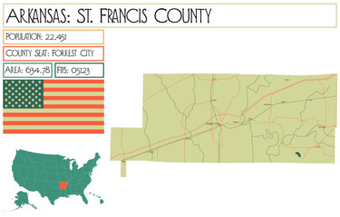 Large and detailed map of St. Francis County in Arkansas, USA.