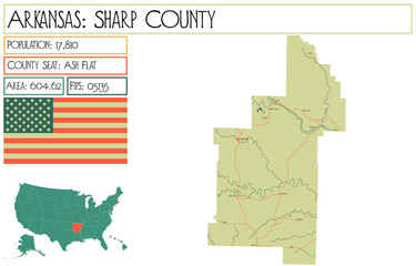 Large and detailed map of Sharp County in Arkansas, USA.