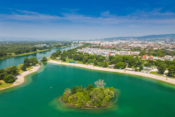 Fototapeta na wymiar Aerial view of Jarun lake in Zagreb, Croatia, tourist destination