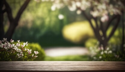 Conceptual illustration of wooden table in spring garden blurred background, free space for product display