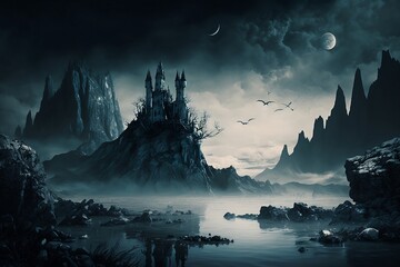 Dark fantasy landscape with a gloomy lonely castle
