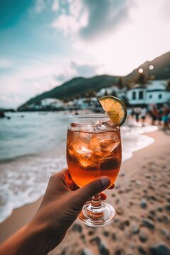 a person holding a drink in front of a beach