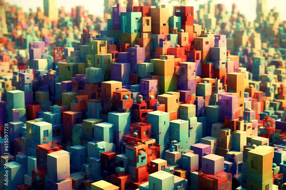 Fototapete A popular image presents a surreal cityscape with buildings and structures made entirely of interlocking geometric shapes, defying the laws of physics and creating. Generative AI technology.