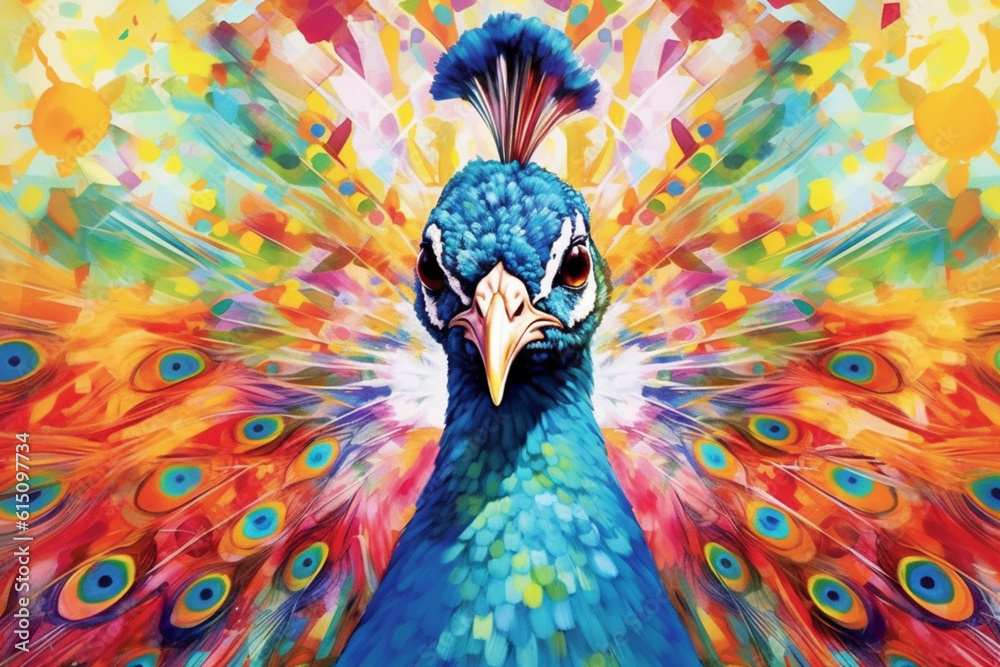 Poster an image depicts a watercolor geometric style portrayal of a colorful peacock, with its feathers com