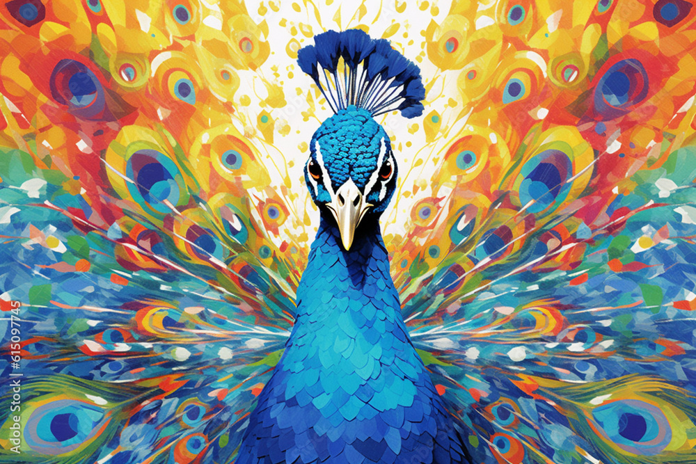 Poster a popular image presents a watercolor geometric style illustration of a proud peacock, where its ext