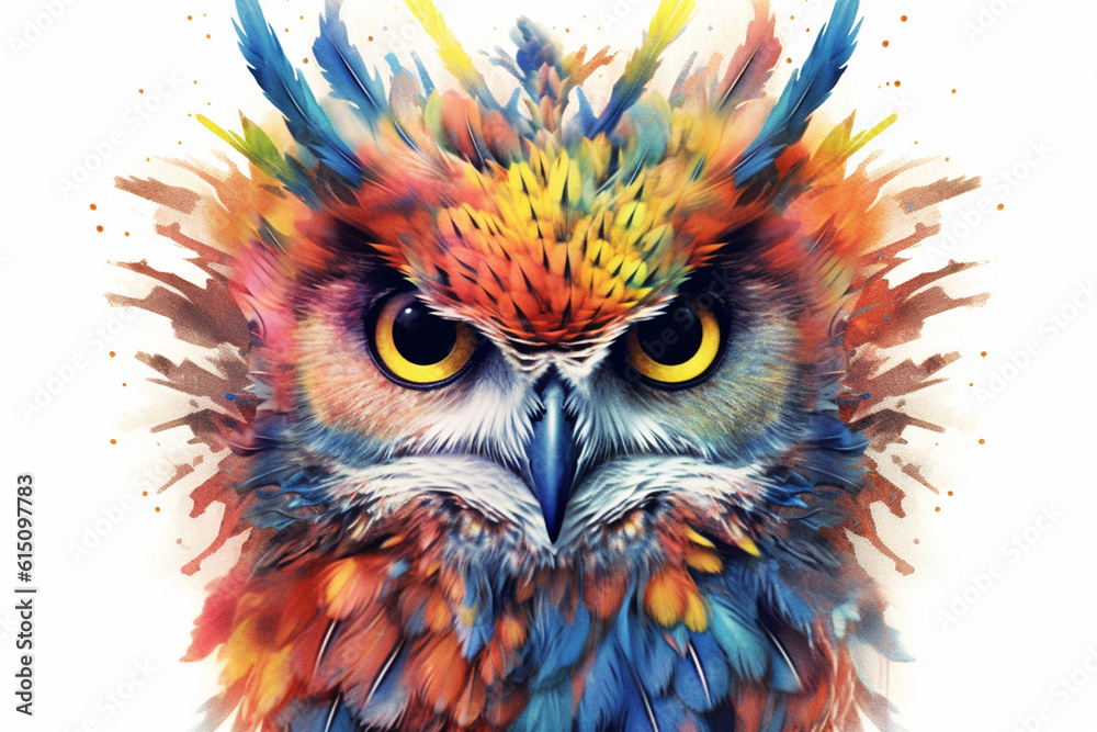 Aufkleber An image portrays a watercolor geometric style rendering of a curious owl, with its intricate feathers depicted using geometric patterns and delicate watercolor washes, Generative AI technology.