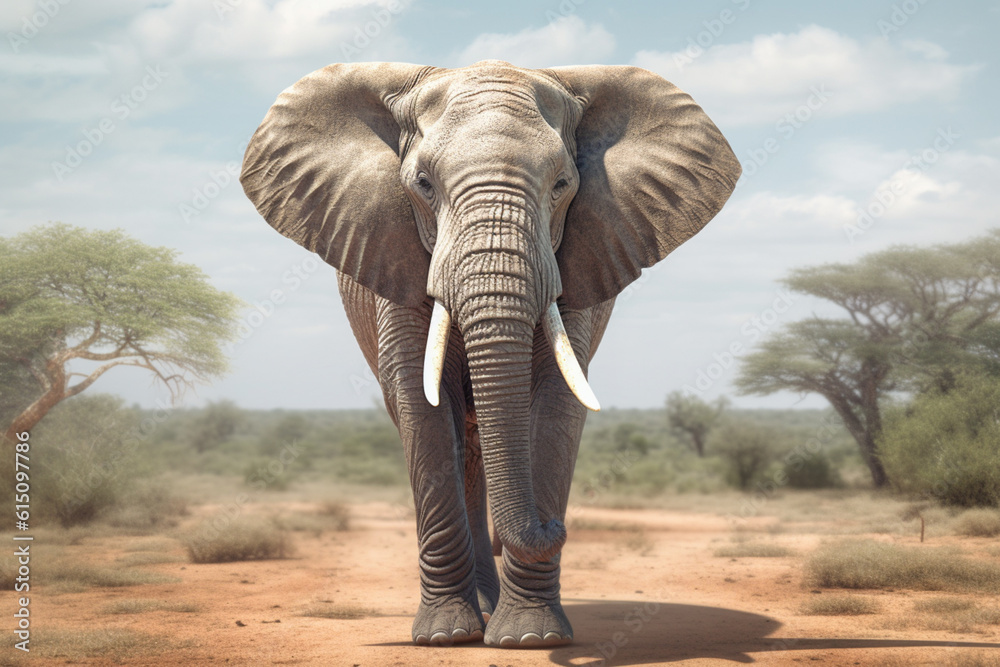Poster a captivating image of an elephant, highlighting its massive size, wrinkled skin, and impressive tus