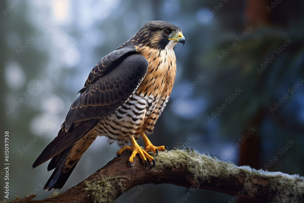 Leinwandbilder a dynamic photograph of a falcon perched on a branch, showcasing its streamlined body and keen hunti