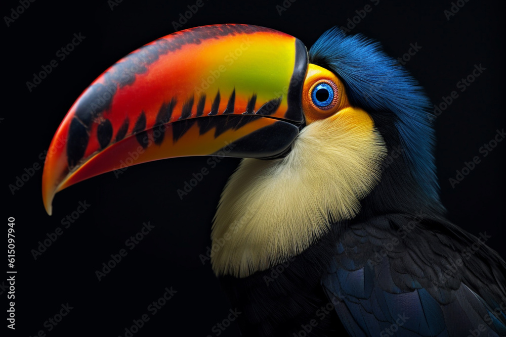 Poster a striking photograph of a toucan, showcasing its large beak and unique plumage. generative ai techn