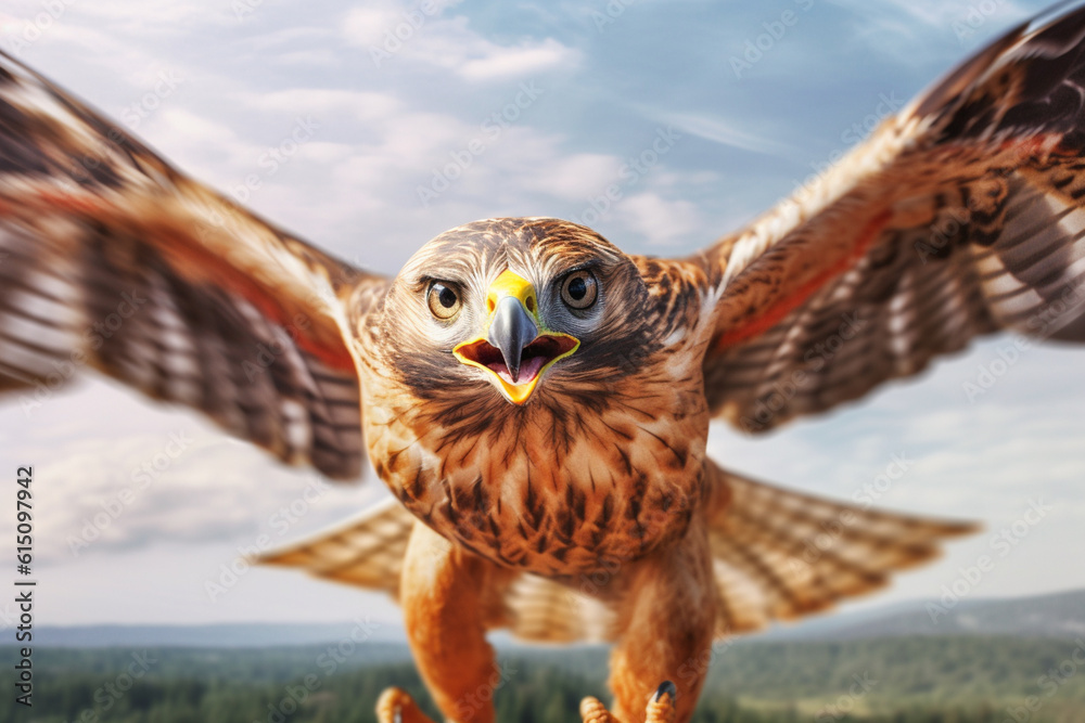 Poster A breathtaking image of a hawk in flight, capturing its sharp talons and focused gaze.  Generative AI technology.