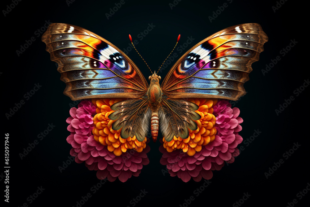 Poster A delicate and colorful photograph of a butterfly perched on a flower, capturing its intricate wing patterns.  Generative AI technology.