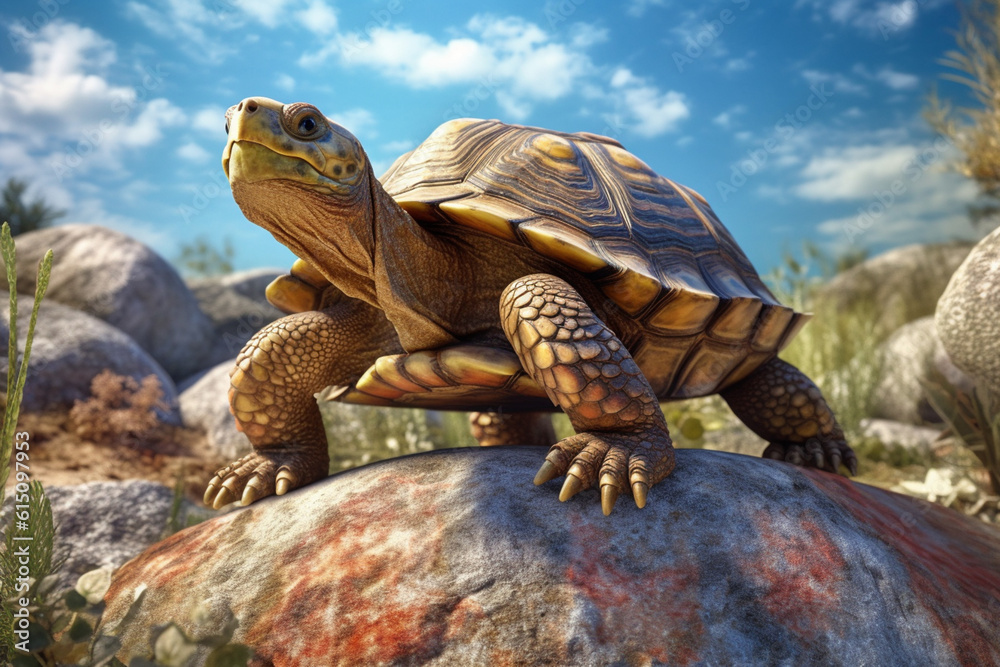 Aufkleber A charming image of a turtle resting on a rock, showcasing its hard shell and wise, ancient appearance. Generative AI technology.