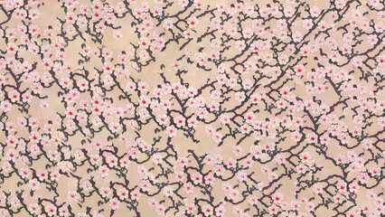 a wallpaper that spring cherry blossoms in a japanese lino cut style
