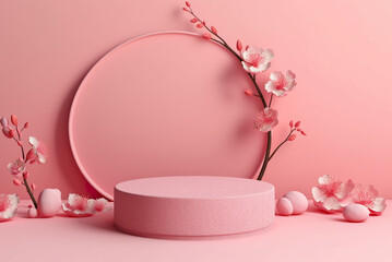 Modern background platform with pink glass podium. stand show cosmetic product. Generative AI