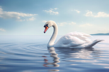 Obraz na płótnie Canvas A serene photograph of a swan gliding on water, showcasing its graceful neck and pure white plumage. Generative AI technology.