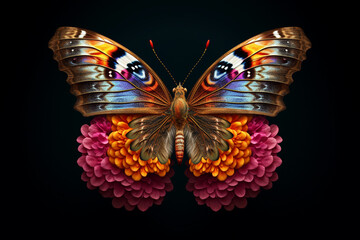 Obraz na płótnie Canvas A delicate and colorful photograph of a butterfly perched on a flower, capturing its intricate wing patterns. Generative AI technology.