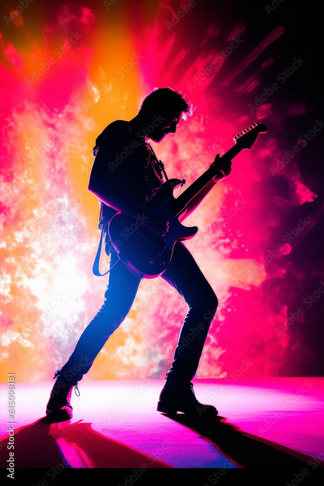 Poster a silhouette of a guitarist on stage, captured in mid-performance, illustrating the power and emotio