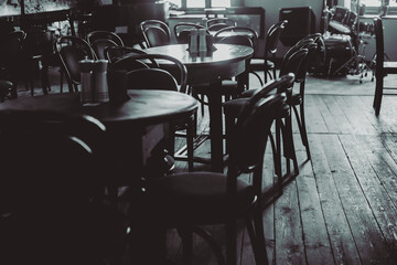 Fototapeta na wymiar Calm interior of a jazz cafe in black and white tones