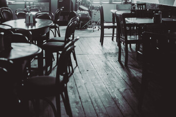 Calm interior of a jazz cafe in black and white tones - 615098191