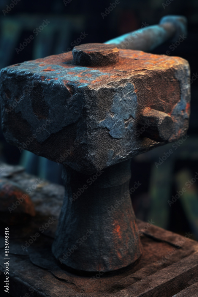 Poster a close-up of a blacksmith's anvil, showcasing the worn surface and markings from years of use and c