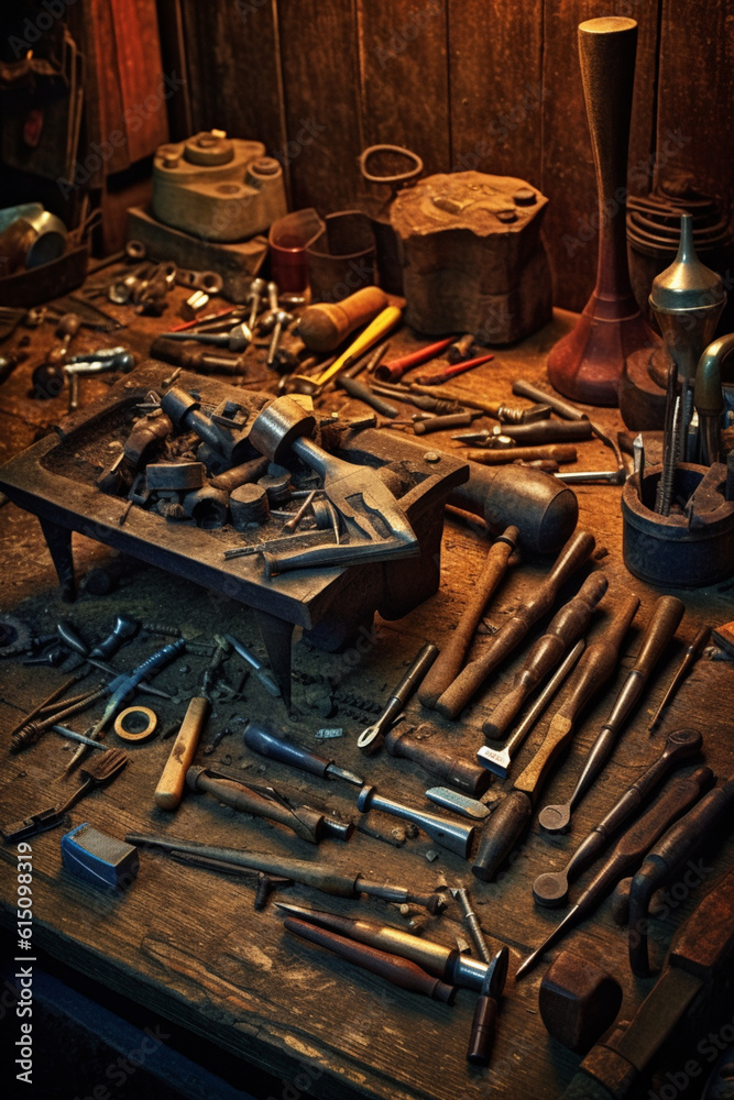 Poster a collection of hand-forged tools such as hammers, tongs, and chisels, highlighting the importance o