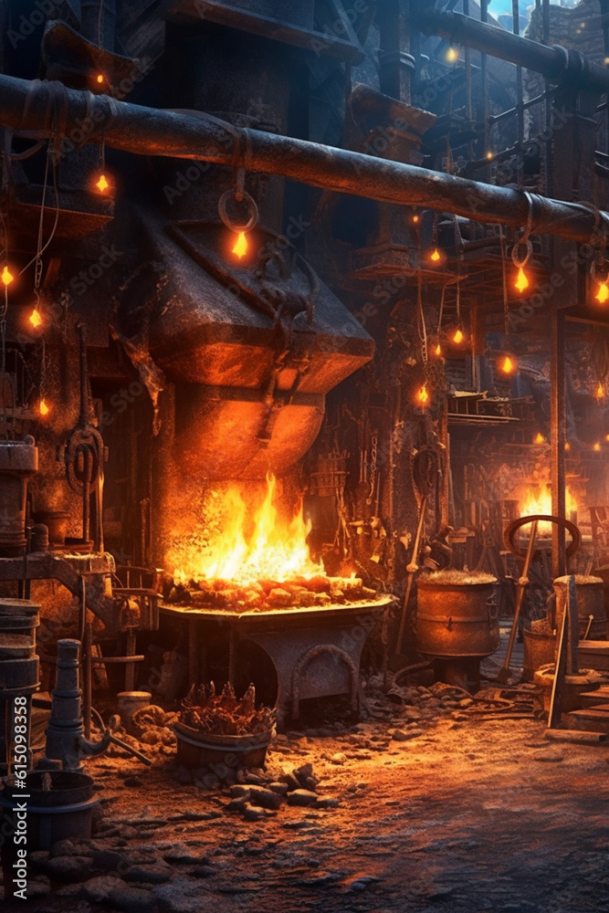 Poster an image of a blacksmith's forge with burning coals and flames, evoking the intense heat and energy 
