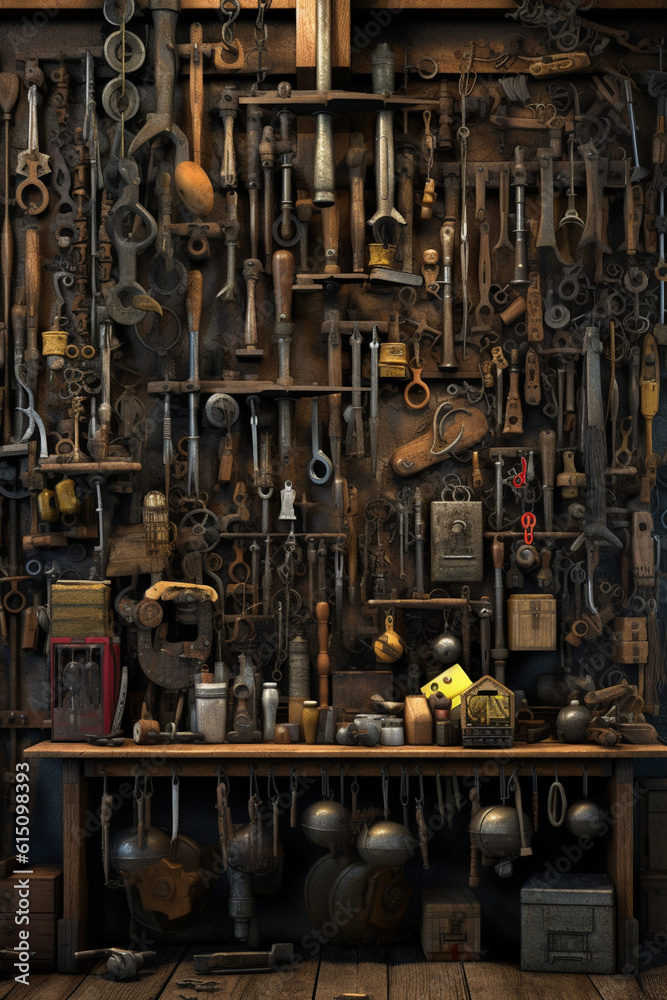 Poster  An image of a blacksmith's tool rack, displaying the wide array of specialized tools used in the craft, such as swages, punches, and drifts.  Generative AI technology.