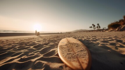 a surfboard on sand at the beach