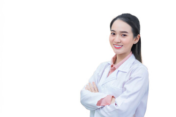 Asian woman doctor who she has black long hair, wear white lab coat as uniform while arm cross at...