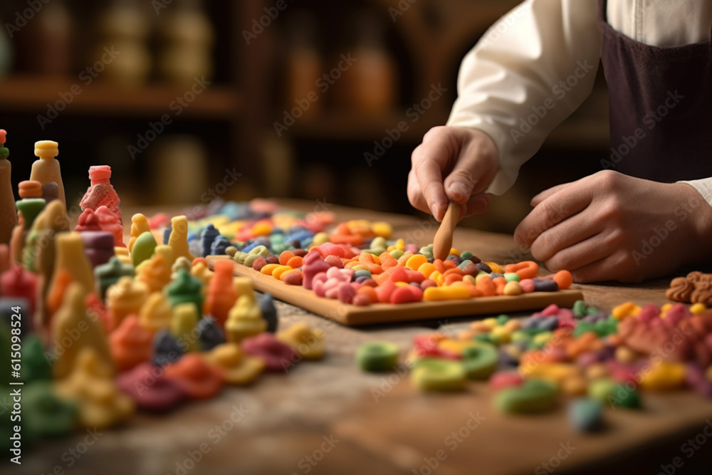 Poster An image of a confectioner molding and shaping marzipan into whimsical shapes and figures, showcasing the creativity and craftsmanship involved.  Generative AI technology.