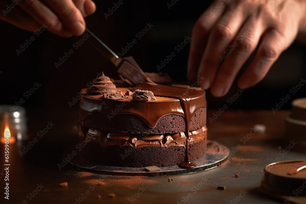 Poster  An image of a confectioner expertly layering and assembling a decadent chocolate mousse cake, emphasizing the craftsmanship and attention to detail.  Generative AI technology.
